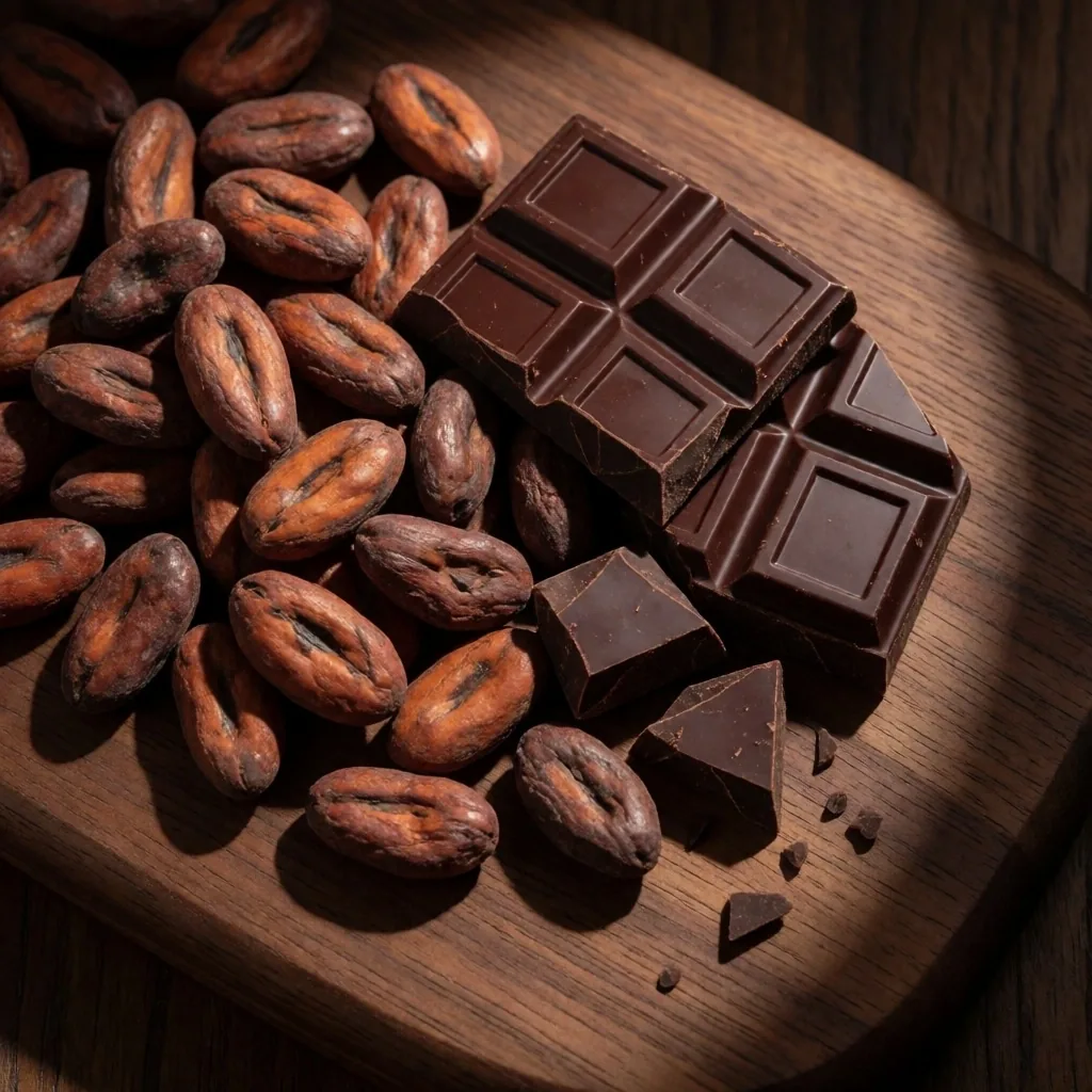 Cacao oscuro y piezas de chocolate amargo sobre madera oscura