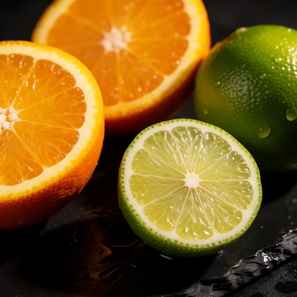 Naranjas y limones partidos sobre superficie de pizarra oscura