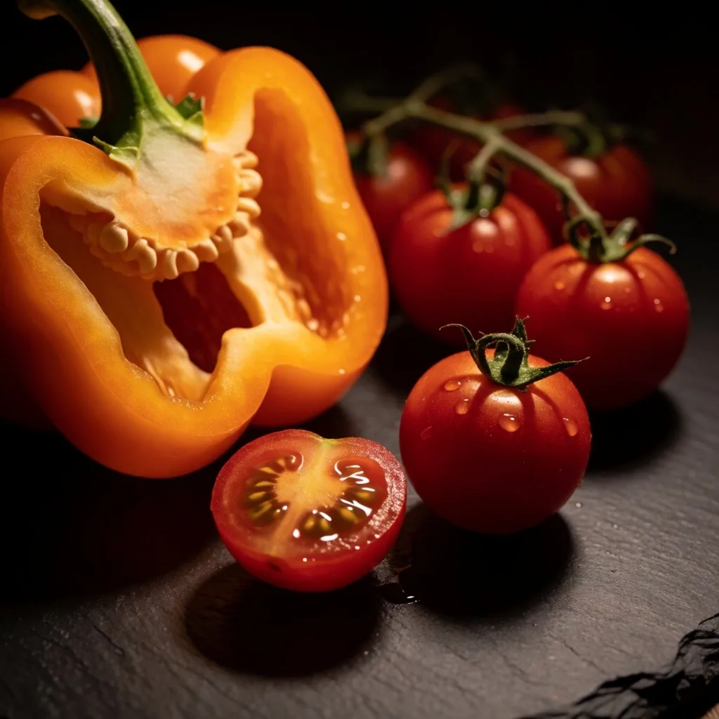 Pimientos y tomates bajo luz focal, alimentos ricos en antioxidantes naturales
