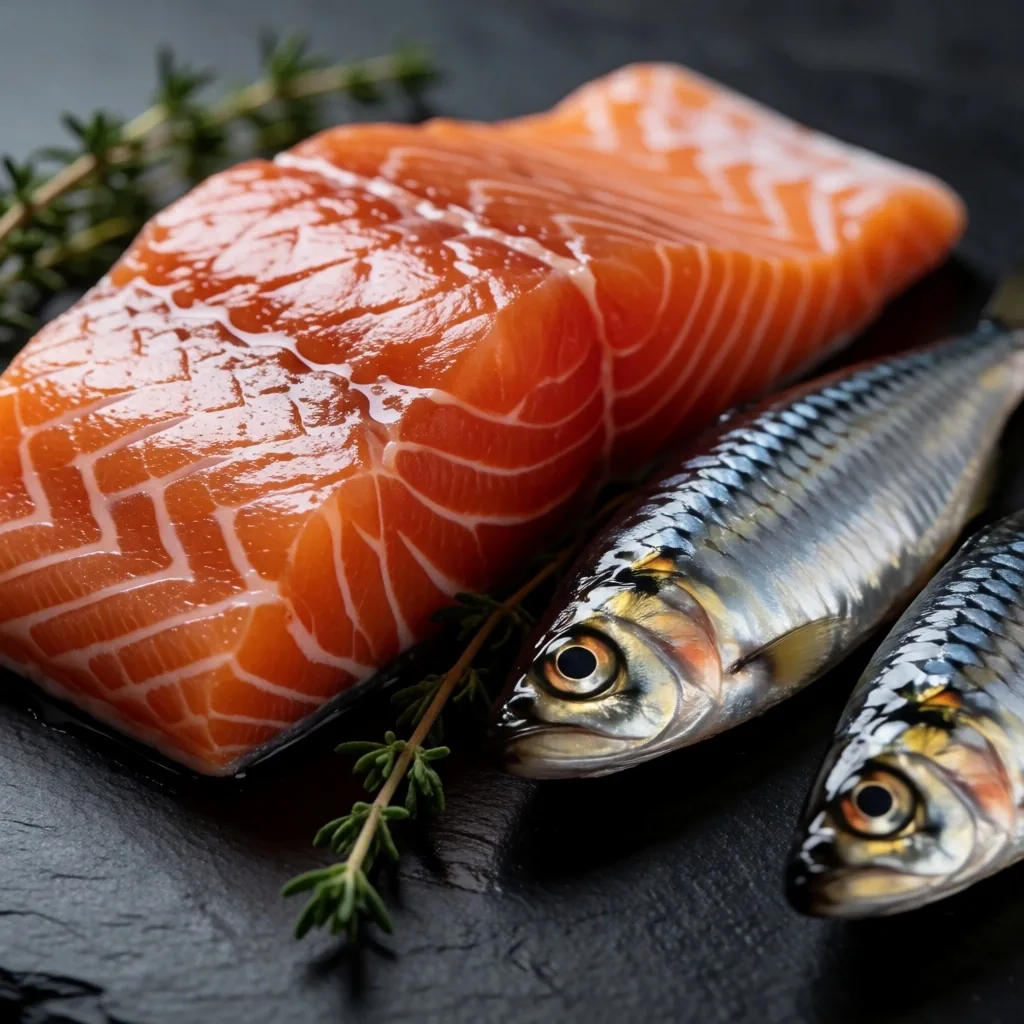 Sardinas y filete de salmón frescos sobre plato cerámico oscuro
