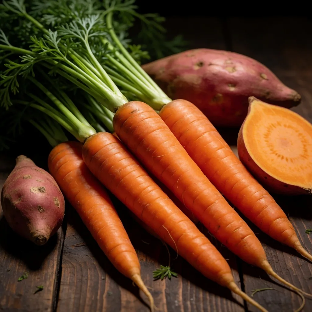 Zanahorias frescas con hojas verdes sobre tabla de madera oscura