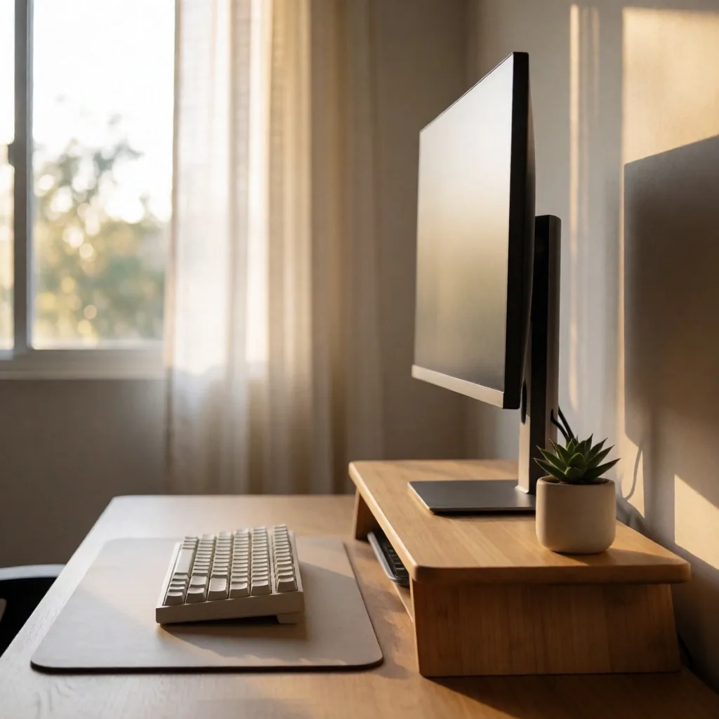 Estación de trabajo ergonómica con monitor elevado y luz natural
