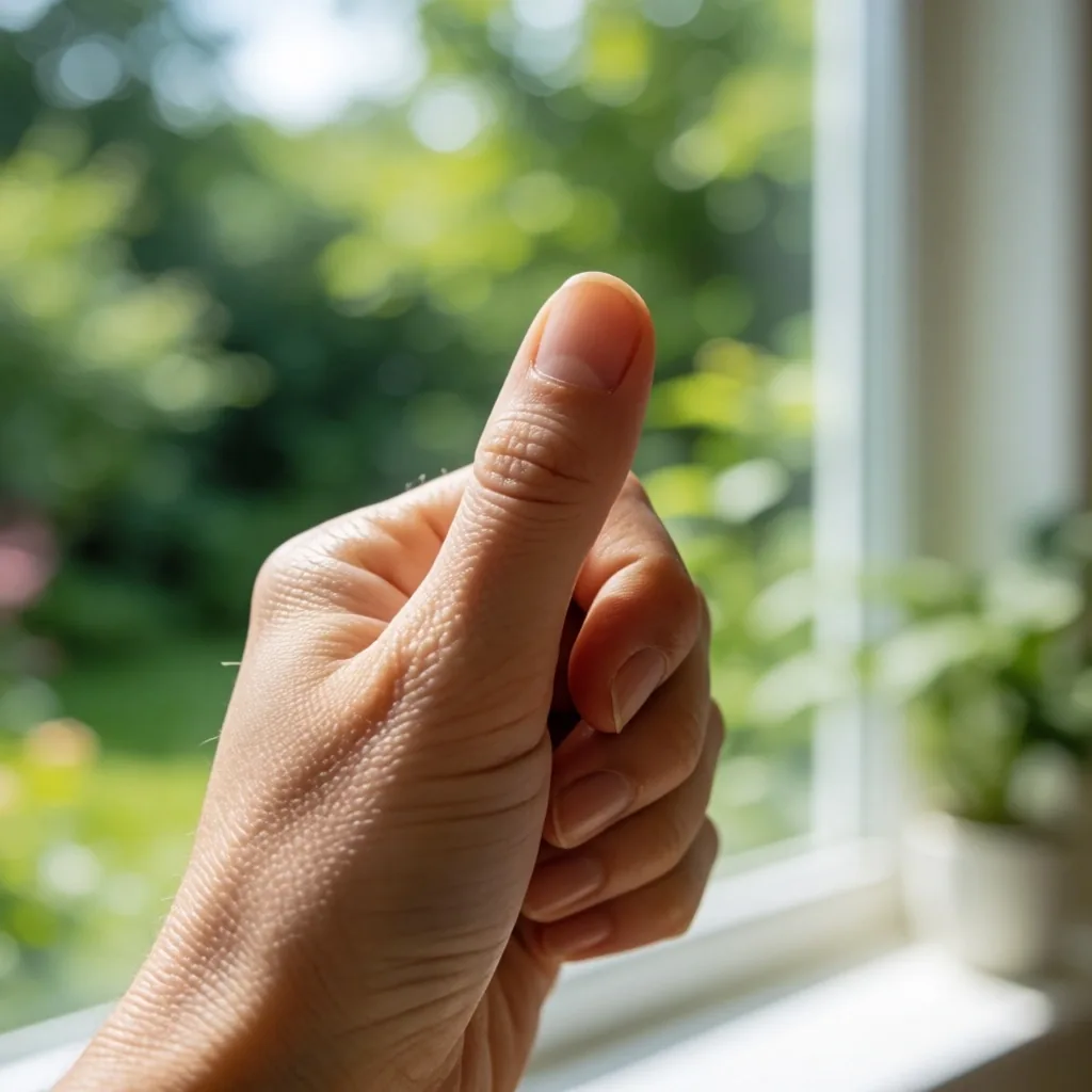 Mano sosteniendo el pulgar a la altura del rostro como referencia de enfoque cercano