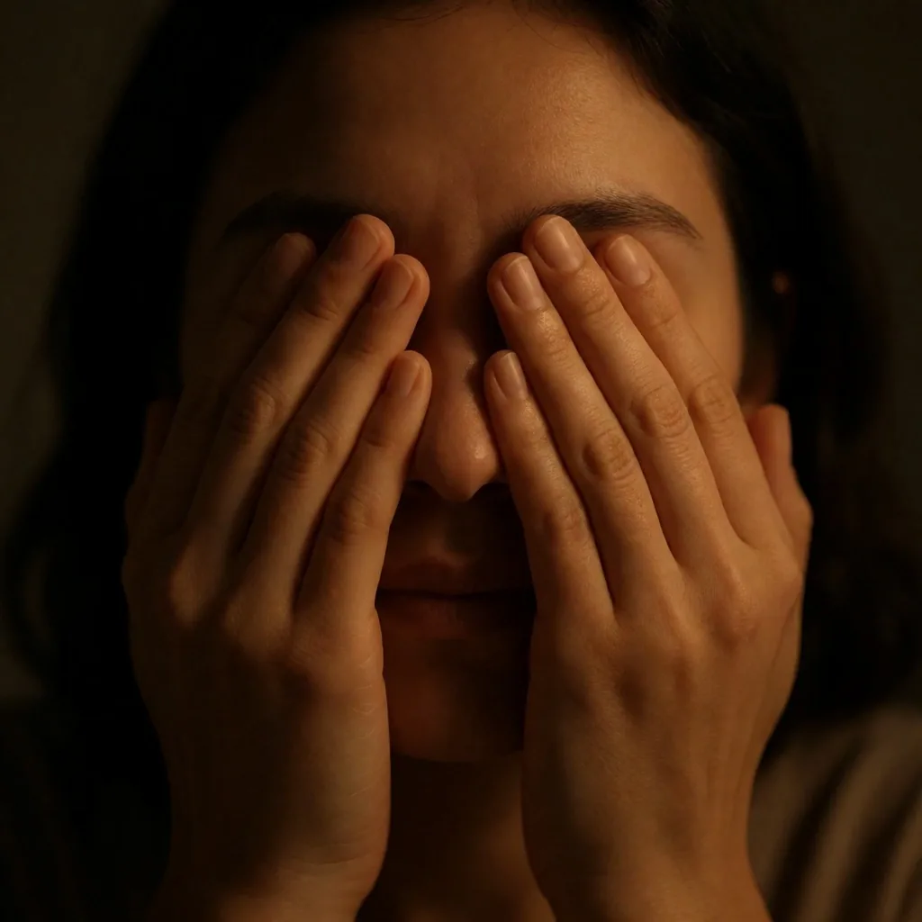 Manos cálidas cubriendo los ojos cerrados en una habitación oscura