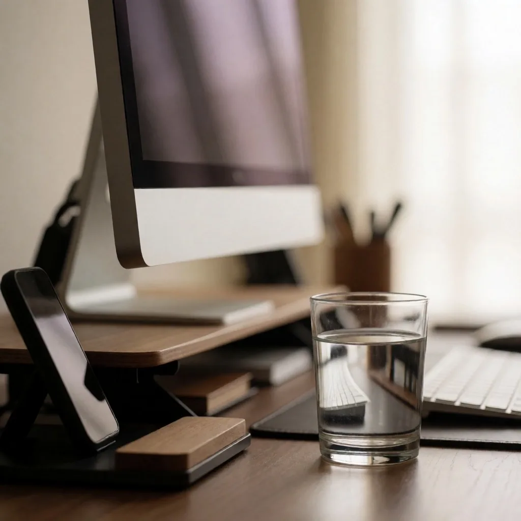 Espacio de trabajo ergonómico con monitor a la altura de los ojos