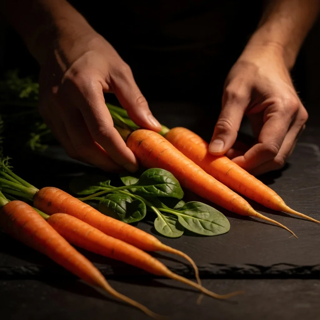 Manos colocando ingredientes frescos sobre la mesa de trabajo